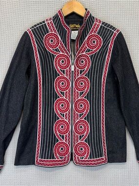 Bob Mackie Wearable Art Jacket Black Stand Collar Embroidered Zip Stretch Med